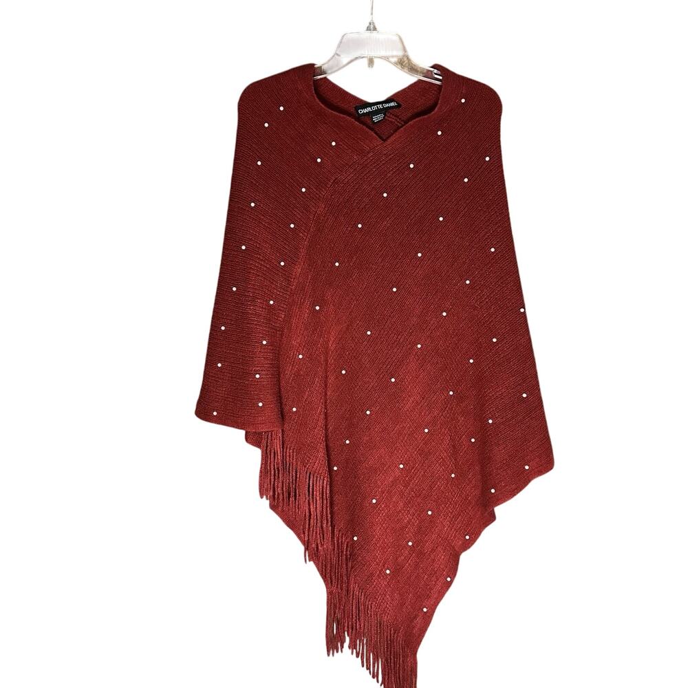 Charlotte Daniel Red With Pearl-like Beads Pancho Sweater Women’s One Size